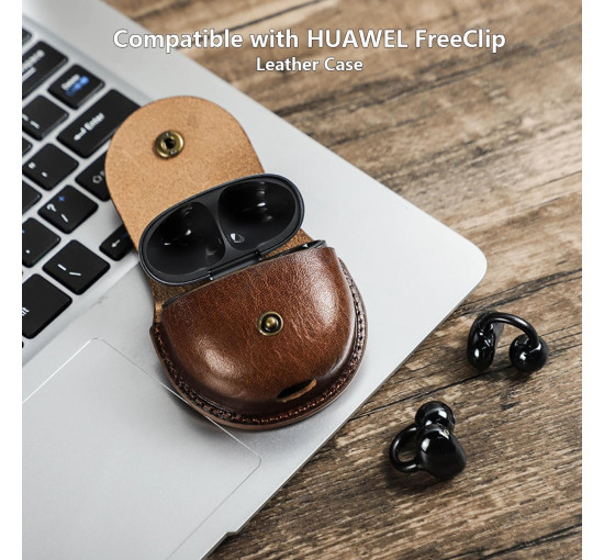 Захисний чохол FAOONNMY з натуральної шкіри, сумісний з портативними бездротовими навушниками Huawei FreeClip, ударостійкий, коричневий (0123)