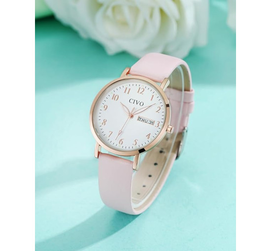Жіночий годинник CIVO 2408 у ретро-дизайні для жінок, шкіряний ремінець, рожевий (4080)