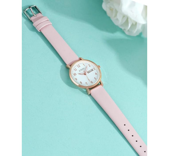 Жіночий годинник CIVO 2408 у ретро-дизайні для жінок, шкіряний ремінець, рожевий (4080)