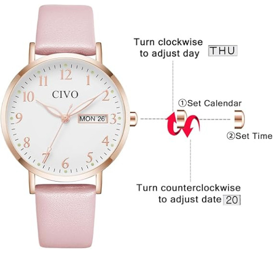 Жіночий годинник CIVO 2408 у ретро-дизайні для жінок, шкіряний ремінець, рожевий (4080)