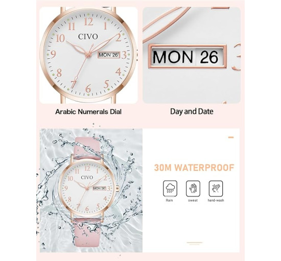 Жіночий годинник CIVO 2408 у ретро-дизайні для жінок, шкіряний ремінець, рожевий (4080)