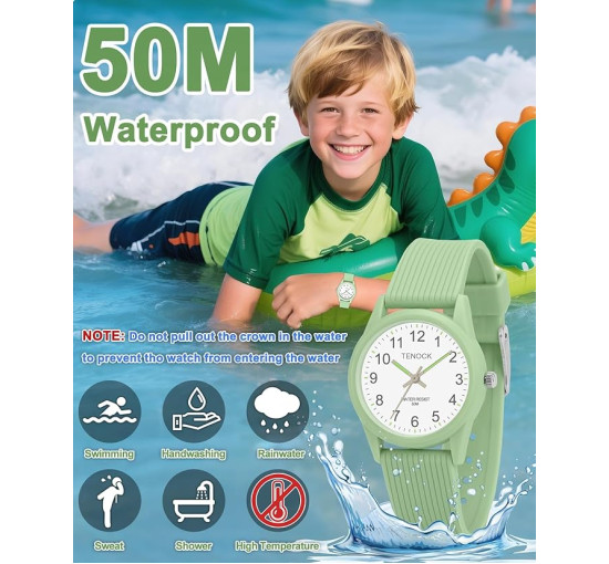 Дитячій аналоговий годинник TENOCK 6088 з м'яким ремінцем, водонепроникний 50M, зелений (4186)