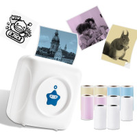 Принтер наклеек Vretti- мини-портативный термопринтер TP2-Y с 10 рулонами термобумаги, бесчернильное устройство для изготовления наклеек, бело-синий (0108)