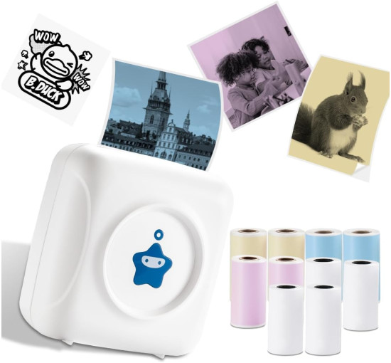 Принтер наклейок Vretti- міні-портативний термопринтер TP2-Y з 10 рулонами термопаперу, безчорнильний пристрій для виготовлення наклейок, біло-синій (0108)