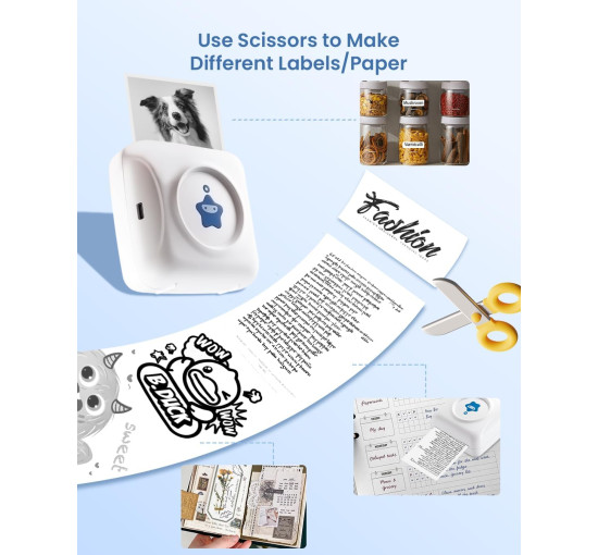 Принтер наклейок Vretti- міні-портативний термопринтер TP2-Y з 10 рулонами термопаперу, безчорнильний пристрій для виготовлення наклейок, біло-синій (0108)