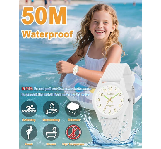 TENOCK Дитячій аналоговий годинник з м'яким ремінцем 6088, водонепроникний 50M, білий (4187)