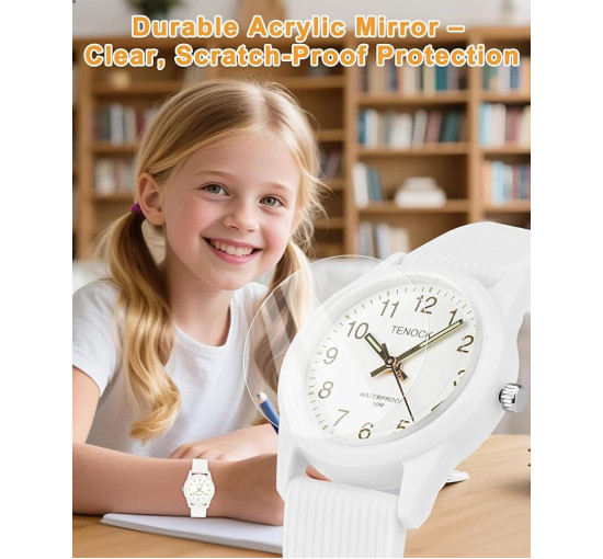 TENOCK Дитячій аналоговий годинник з м'яким ремінцем 6088, водонепроникний 50M, білий (4187)