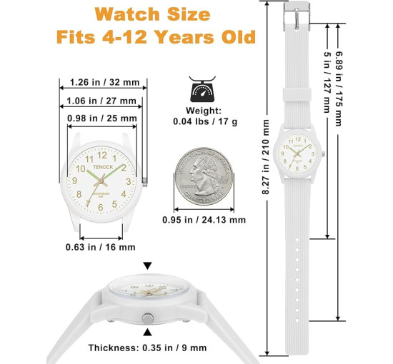 TENOCK Дитячій аналоговий годинник з м'яким ремінцем 6088, водонепроникний 50M, білий (4187)