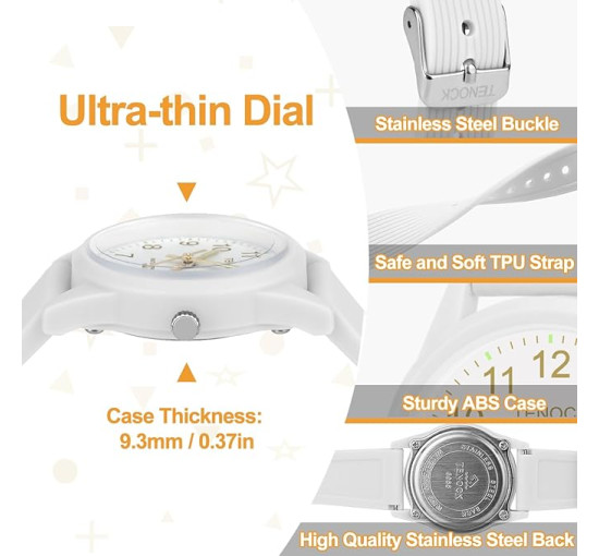 TENOCK Дитячій аналоговий годинник з м'яким ремінцем 6088, водонепроникний 50M, білий (4187)