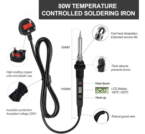 Комплект паяльників BOPELMALLS BP-LT15 15 шт., 80 Вт РК-дисплей з регульованою температурою 180-520°C, підставка, сумка для інструментів (0155)