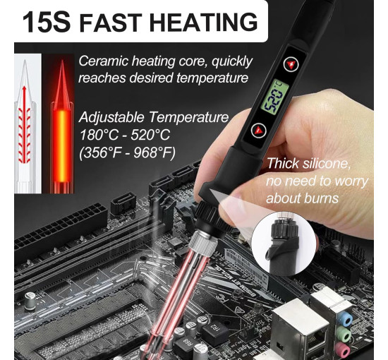 Комплект паяльників BOPELMALLS BP-LT15 15 шт., 80 Вт РК-дисплей з регульованою температурою 180-520°C, підставка, сумка для інструментів (0155)