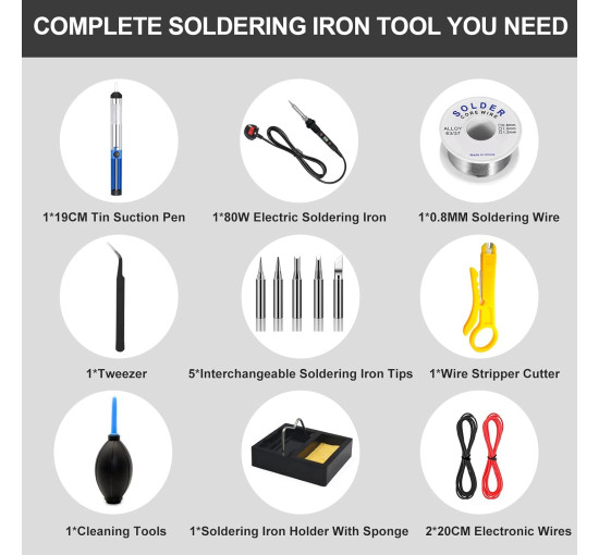 Комплект паяльників BOPELMALLS BP-LT15 15 шт., 80 Вт РК-дисплей з регульованою температурою 180-520°C, підставка, сумка для інструментів (0155)