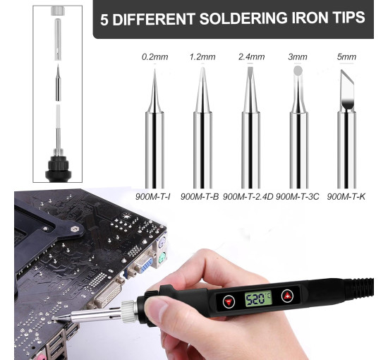 Комплект паяльників BOPELMALLS BP-LT15 15 шт., 80 Вт РК-дисплей з регульованою температурою 180-520°C, підставка, сумка для інструментів (0155)