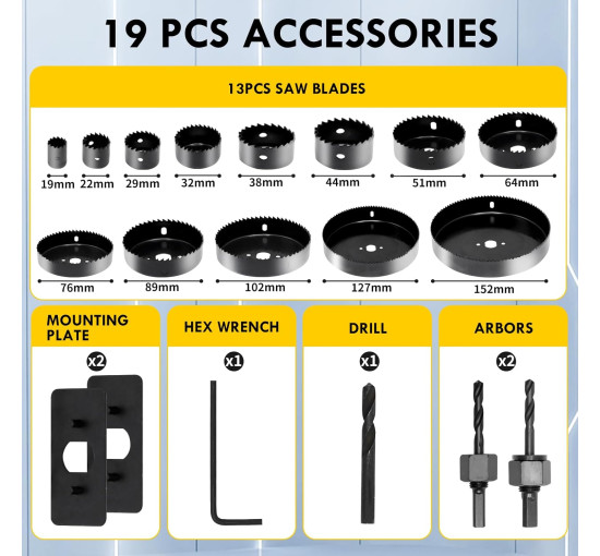 Набір коронок CCLIFE Ø19 мм - Ø152 мм, 19-предметний набір коронок, глибина різання 25 мм для дерева, чорний (0081)