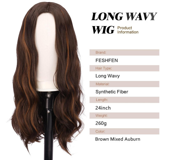 Довгі коричневі світлі перуки FESHFEN для жінок, 22 дюйми, синтетичний хвилястий перука з проділом посередині для щоденної вечірки (0104)