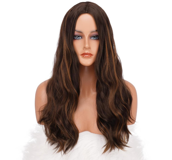 Довгі коричневі світлі перуки FESHFEN для жінок, 22 дюйми, синтетичний хвилястий перука з проділом посередині для щоденної вечірки (0104)
