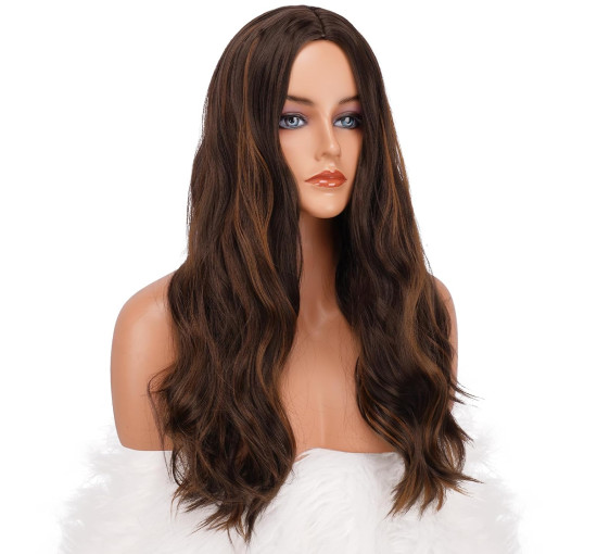 Довгі коричневі світлі перуки FESHFEN для жінок, 22 дюйми, синтетичний хвилястий перука з проділом посередині для щоденної вечірки (0104)