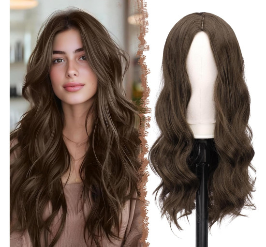 Довгі середньо-коричневі перуки FESHFEN для жінок, 22-дюймовий синтетичний хвилястий (0103)