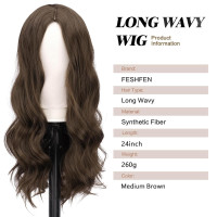 Длинные средне-коричневые парики FESHFEN для женщин, 22-дюймовый синтетический волнистый (0103)