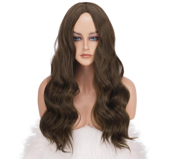 Довгі середньо-коричневі перуки FESHFEN для жінок, 22-дюймовий синтетичний хвилястий (0103)