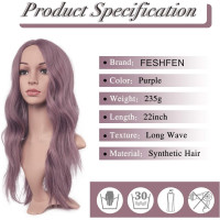 Длинный волнистый парик FESHFEN сиреневый фиолетовый, средний пробор натурального вида, синтетические женские парики для ежедневного коспля 22 дюйма (0096)