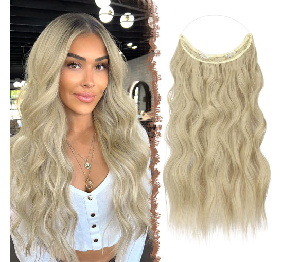 Довге хвилясте нарощування волосся FESHFEN, синтетичне волосся, невидимі перуки для жінок, попелясто-русявий, 40 см (0084)