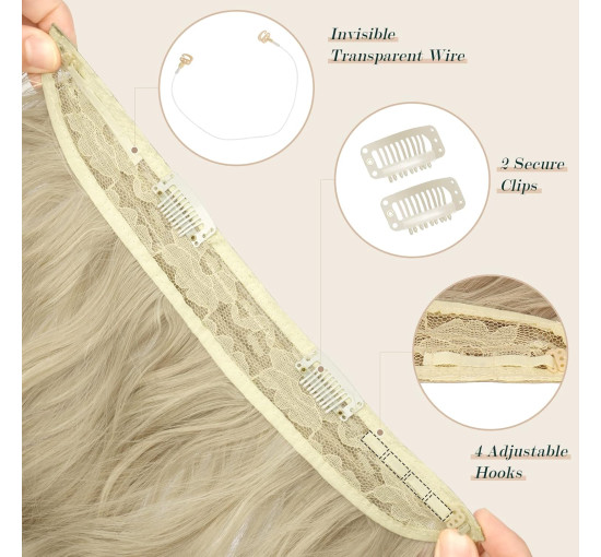 Довге хвилясте нарощування волосся FESHFEN, синтетичне волосся, невидимі перуки для жінок, попелясто-русявий, 40 см (0084)