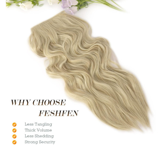 Довге хвилясте нарощування волосся FESHFEN, синтетичне волосся, невидимі перуки для жінок, попелясто-русявий, 40 см (0084)