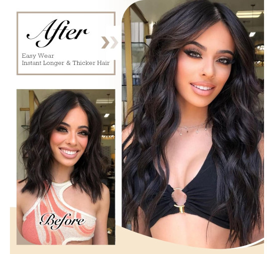 Довге хвилясте нарощування волосся FESHFEN, синтетичне волосся, невидимі перуки для жінок, попелясто-русявий, 40 см (0084)