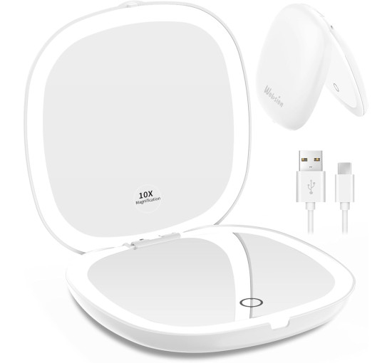 Дзеркало для макіяжу WOBSION BM-2320B-2 з підсвічуванням та збільшенням, складне дзеркало для сумки, подарунок, білий (0042)