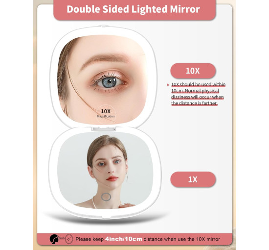 Дзеркало для макіяжу WOBSION BM-2320B-2 з підсвічуванням та збільшенням, складне дзеркало для сумки, подарунок, білий (0042)