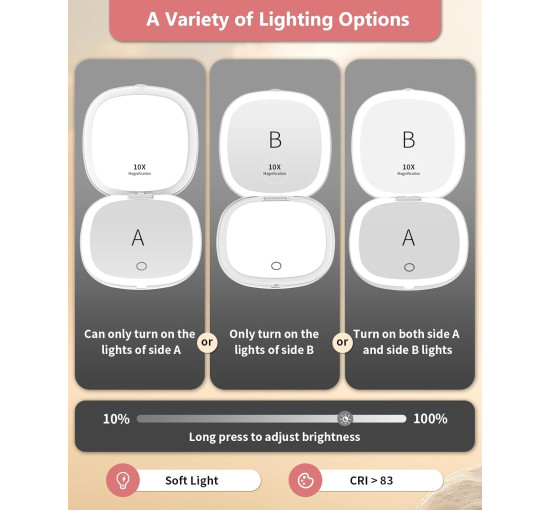 Дзеркало для макіяжу WOBSION BM-2320B-2 з підсвічуванням та збільшенням, складне дзеркало для сумки, подарунок, білий (0042)