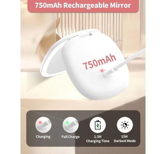 Дзеркало для макіяжу WOBSION BM-2320B-2 з підсвічуванням та збільшенням, складне дзеркало для сумки, подарунок, білий (0042)