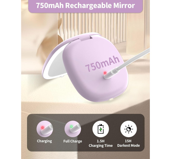 Зеркало для макияжа WOBSION BM-2320B-2 с подсветкой и увеличением, складное зеркало для сумки, подарок, фиолетовое (0041)