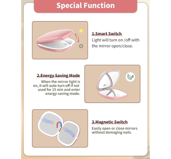 Дзеркало для макіяжу WOBSION BM-2320B-2 з підсвічуванням та збільшенням, складне дзеркало для сумки, подарунок, ‎рожеве золото (0043)