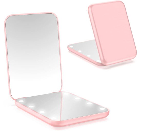 Дзеркало для макіяжу WOBSION MR-L2307 з підсвічуванням, з 1/3-кратним збільшенням, з регульованою яскравістю для кишені, рожевий (0050)