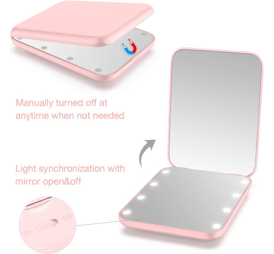 Дзеркало для макіяжу WOBSION MR-L2307 з підсвічуванням, з 1/3-кратним збільшенням, з регульованою яскравістю для кишені, рожевий (0050)