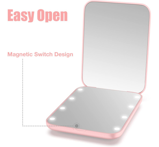Дзеркало для макіяжу WOBSION MR-L2307 з підсвічуванням, з 1/3-кратним збільшенням, з регульованою яскравістю для кишені, рожевий (0050)
