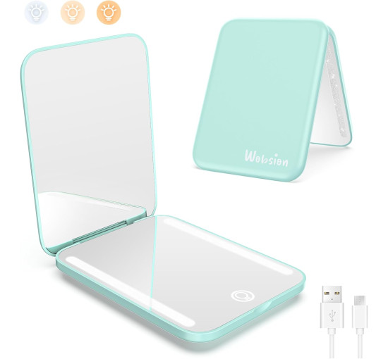 Дзеркало для макіяжу WOBSION MR-L2307C-Cyan FR з підсвічуванням, з 1/3-кратним збільшенням, з регульованою яскравістю для кишені, блакитний (0048)