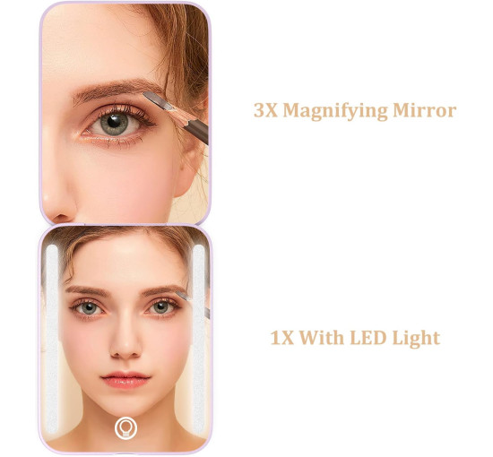 Дзеркало для макіяжу WOBSION MR-L2307C-Violet FR з підсвічуванням, з 1/3-кратним збільшенням для жінок, фіолетовий (0047)