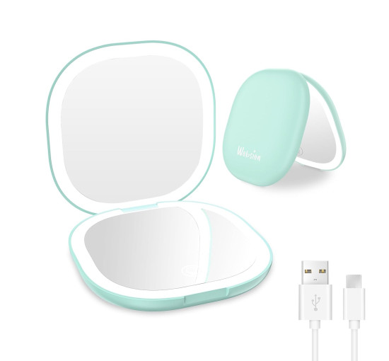 Дзеркало для подорожей WOBSION 2311S-3 з підсвічуванням, акумуляторне компактне збільшувальне дзеркало 1x/10x, блакитне (0045)