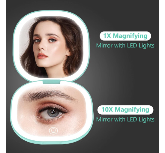 Дзеркало для подорожей WOBSION 2311S-3 з підсвічуванням, акумуляторне компактне збільшувальне дзеркало 1x/10x, блакитне (0045)