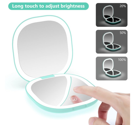 Дзеркало для подорожей WOBSION 2311S-3 з підсвічуванням, акумуляторне компактне збільшувальне дзеркало 1x/10x, блакитне (0045)