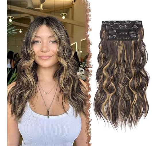 FESHFEN Накладне волосся на зачісці, довге хвилясте густе волосся, меліроване, шоколадно-коричневий (5189)