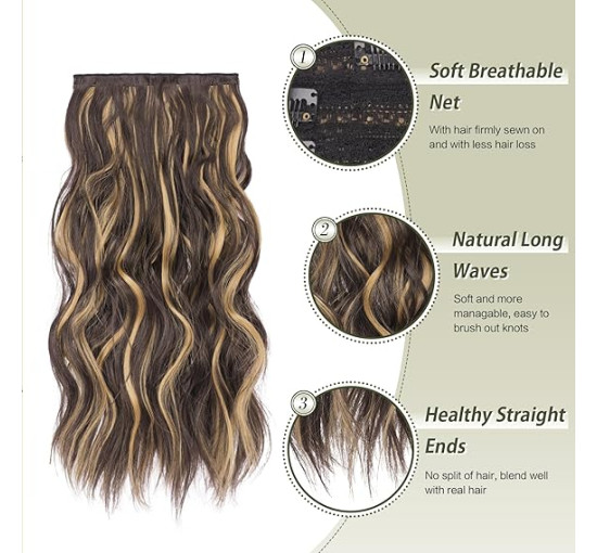 FESHFEN Накладне волосся на зачісці, довге хвилясте густе волосся, меліроване, шоколадно-коричневий (5189)