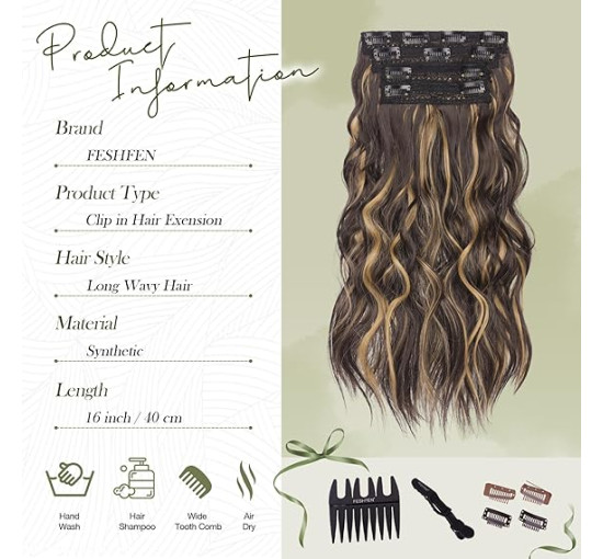 FESHFEN Накладне волосся на зачісці, довге хвилясте густе волосся, меліроване, шоколадно-коричневий (5189)