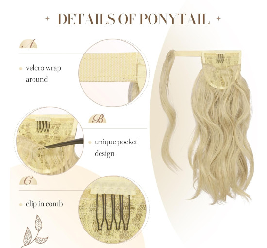 Хвилясте подовження хвоста FESHFEN, натуральне кучеряве обгортання навколо хвостиків, синтетична довга заколка, блідо-попелястий блондин (0119)