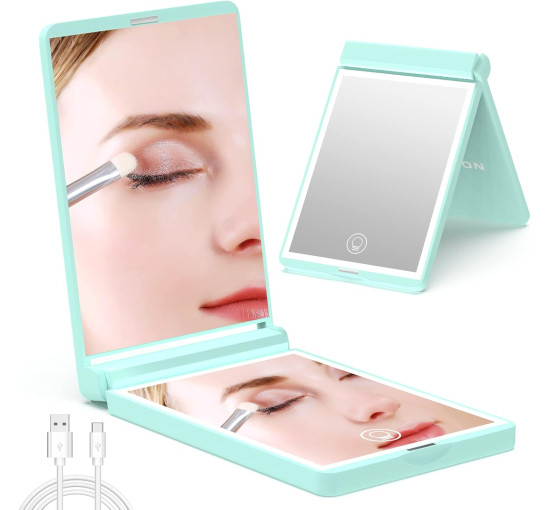 Компактне дзеркало WOBSION з підсвічуванням1x/3x збільшувальне, портативне дзеркало з поворотом і розкладом на 300°, блакитний (0046)