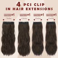Нарощування волосся FESHFEN на заколках для жінок, довге хвилясте м'яке синтетичне поєднання, 20 дюймів темно-коричневий (0107)