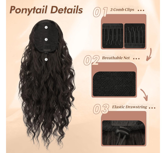 Нарощування волосся FESHFEN на заколках, м'яке синтетичне нарощування волосся для жінок, 18 дюймів, темно-коричневий (0111)